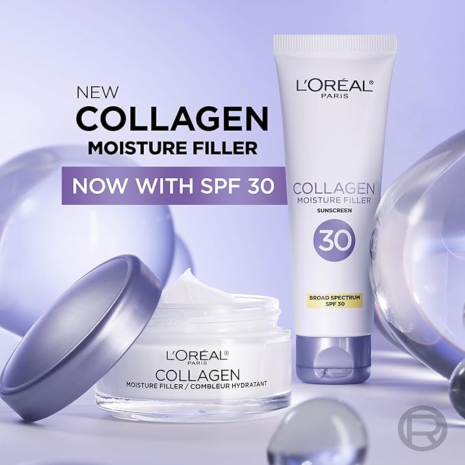 L'Oreal Paris Collagen Moisture Filler Face Cream with Broad Spectrum SPF 30, Anti-Aging Face Moisturizer and Daily Sunscreen For Face, Includes Face Serum Sample, Clear