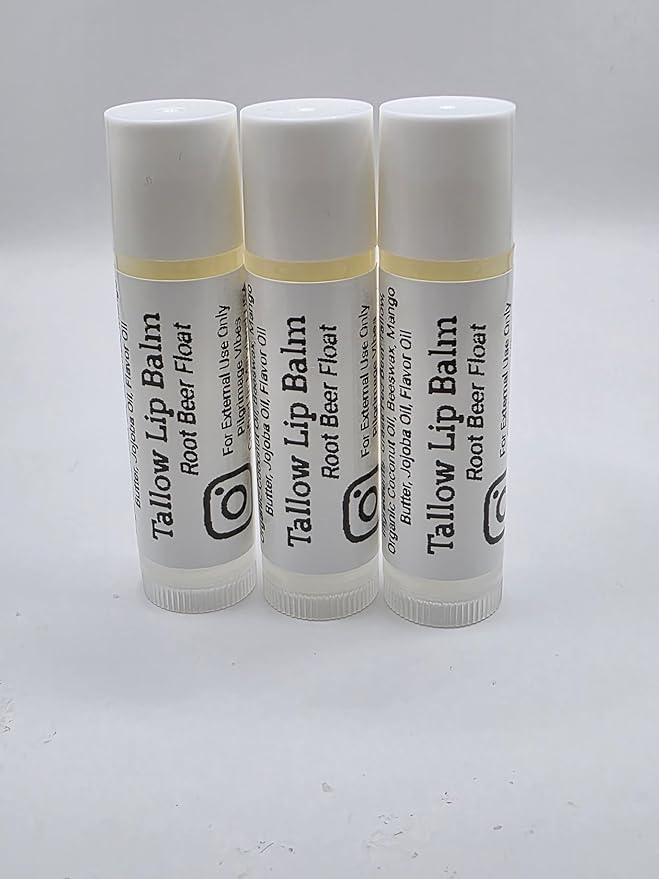 Tallow Lip Balm (Root Beer Float) Handmade Grass Fed Beef Tallow Lip Balm with Nourishing Oils (3 Pack)