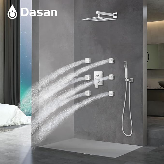 DASAN Full Body Shower System with 6 PCS Body Spray Jets & 12'' Rain Overhead Shower & Handheld, In Wall Rain Shower System Polished Chrome Shower Faucets Sets Complete with Valve, SA-SS03ACH-S12W