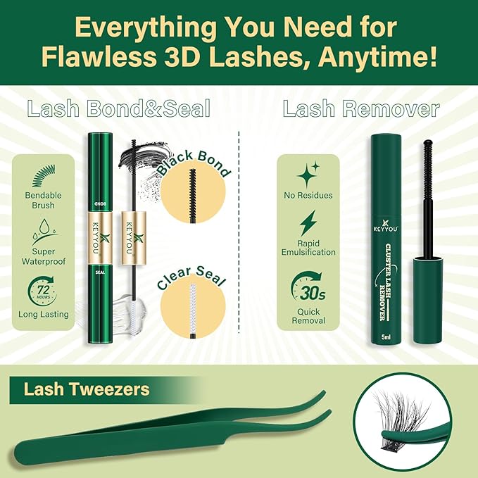 KEYYOU Lash Clusters Kit 3D Effect Eyelash Clusters Kit 280pcs 100D D Curl 9-18MIX Individual Lashes Wispy Lashes Volume Cluster Lashes Kit Natural Soft DIY Lash Extension(3D Kit-100D-D-9-18MIX)