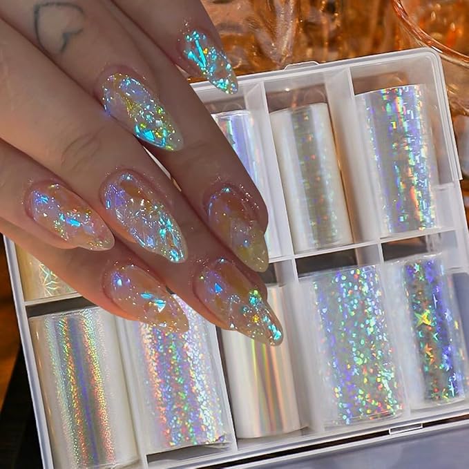 10Pcs Aurora Nail Foil Laser Nail Transfer Foil for Long Short Acrylic Nails Starry Sky Holographic Nail Art Stickers DIY Manicure Decoration Design Stickers Decals for Women