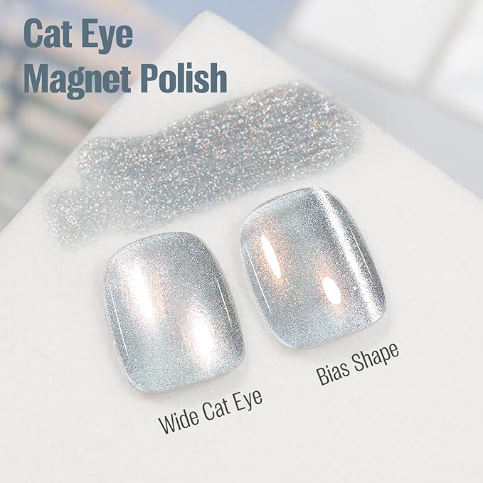 Cat Eye Nail Polish 15ml Holography Silver, Fast Dry Nail Polish with Magnet Regular Cateye Air Dry Oil-Base Glossy Magnetic Nails Polish Non Gel for Home Salon