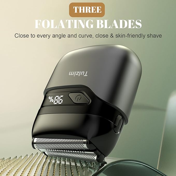 Electric Foil Shaver for Men: Portable Electric Razor for Beard/Face - 3 Floating Blade LED Display USB-C Fast Rechargeable - IPX7 Waterproof for Travel & Home, Charcoal Black