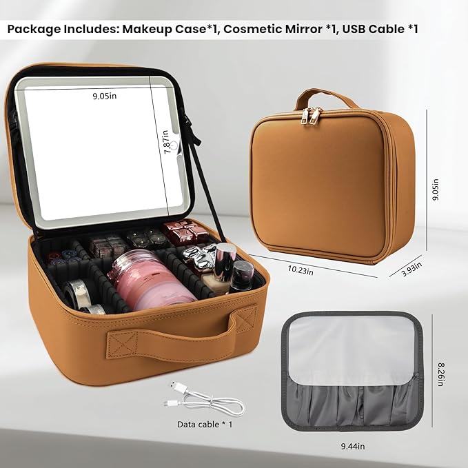 SUILU Makeup Bag with Led Mirror,Portability Cosmetic Case Portable Cosmetic Brush Organizer Bag with Adjustable Dividers,Gift for Women,Girls Gift (Light Brown)