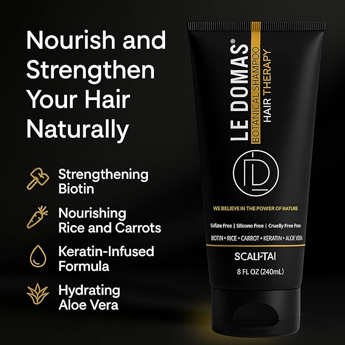 LE DOMAS Botanical Hair Growth Shampoo – Sulfate Free, Moisturizing & Anti Dandruff Shampoo with Keratin, Aloe Vera & Rice Extract – Thick, Strong and Natural Therapy for All Hair Types, 8 fl oz