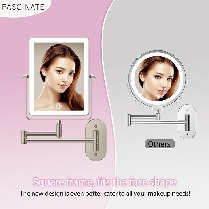 FASCINATE 5000mAh Rechargeable Wall Mounted Makeup Mirror, Bathroom Mirror Rectangle 8.7" Double Sided Touch Switch 1X 30X Magnifying, 3 Color Setting, Extended Arm 360° Swivel Foldable Nickel