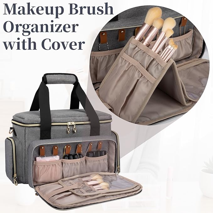 GDNasist Large Makeup Bag, Portable Travel Makeup Bag Organizer for Women Girls with 2 Removable Pouches & Detachable Dividers, Cosmetic Travel Bag, Toiletry Bag for Makeup and Hair Supplies Grey