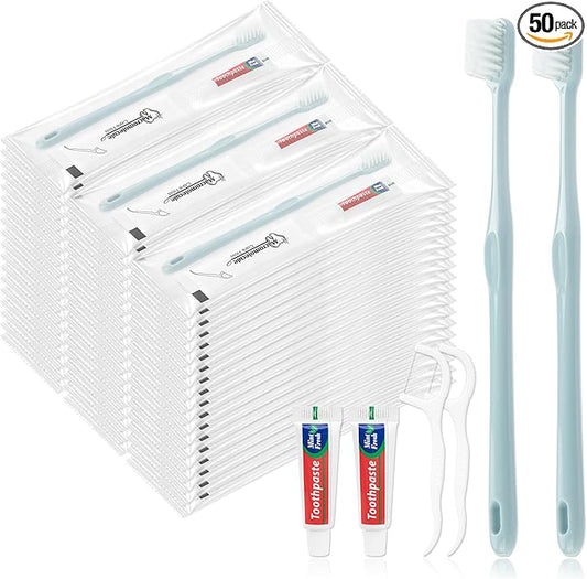 Disposable Toothbrushes with Toothpaste, Travel Toothbrush Kit, Individually Packaged, Light Grey, with Floss Picks, Suitable for Hotel, Home, Camping, Travel (50-Pack)