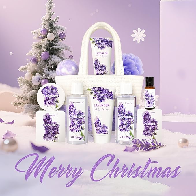 BODY & EARTH Spa Gift Baskets for Women 11pcs Lavender Gift Sets with Bubble Bath, Shower Gel, Body Lotion, Mom Birthday Gifts, Spa Kit, Purple Gift, Valentines Day Gifts for Her