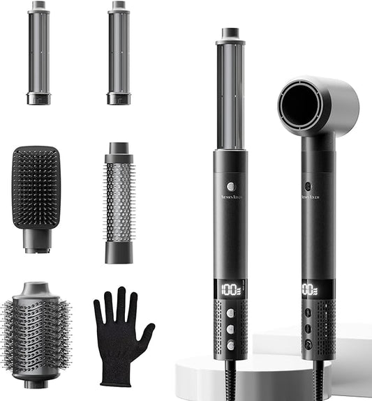 6 in 1 Blow Dryer Brush Set, Powerful Hair Dryer Brush with Auto-Winding Curl L/R, Fast Drying, Smooth Blowouts, Root-Lift Volume, No Heat Damage Frizz-Free Thermal Brush, Hot Air Styler for Travel