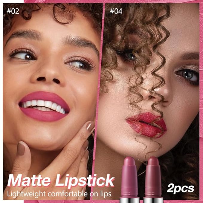 JUAAZIN 2Pcs Matte Lipstick Crayon - High Pigment Creamy Formula, Waterproof Long Lasting, Smooth Glide Application, Non-Sticklipstick, Ultra Thin Lightweight, Velvet Matte Lip Feel for Women 02#+04#