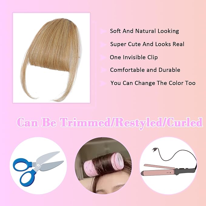 Clip on Wispy Bangs-Real Human Hair Clip in Bangs Hairpieces Ash Brown Fake Air Bangs Fringe with Temples Bangs Hair Clip Extensions