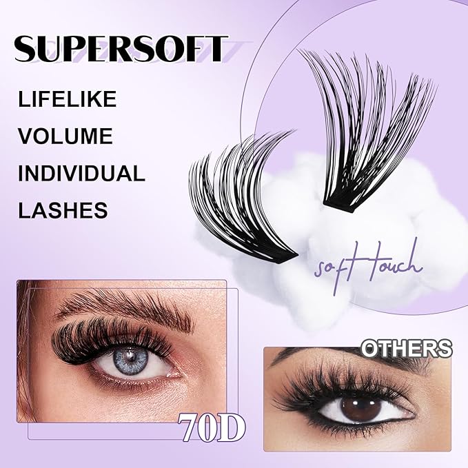 Lash Clusters 70D Individual Lashes Eyelash Clusters Supersoft D Curl Cluster Eyelash Extensions 10-18 Mixed Eyelash Extension Wispy Volume Cluster Lashes DIY at Home (70D-D-10-18MIX)