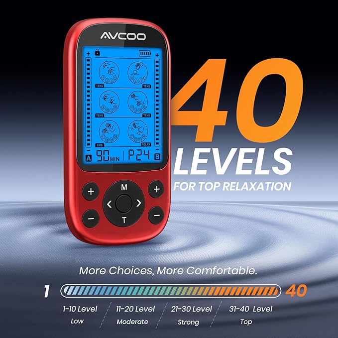 AVCOO Dual Channel TENS Unit Muscle Stimulator, 3-in-1 EMS TENS Machine with 24 Modes & 40 Levels, Rechargeable EMS Massager for Neck, Shoulder, Sciatica & Back Pain Relief with 12 Pads, EVA Case