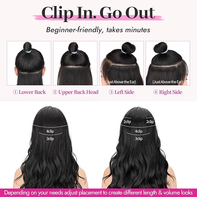 KooKaStyle Clip In Hair Extensions, Natural Long Layered Soft Invisible Synthetic Curly Wavy Hairpieces for Women, 4 pcs (20 Inch,Black Mix Red Highlights)