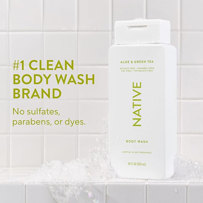 Native Body Wash Contains Naturally Derived Ingredients | For Women & Men, Sulfate, Paraben, & Dye Free Leaving Skin Soft and Hydrating |Aloe & Green Tea 18 oz