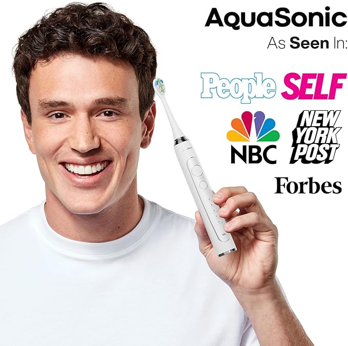 Aquasonic Vibe Series PRO – Ultra-Whitening Electric Toothbrush – 5 Modes & Smart Timers – Premium Travel Case & 6 Proflex Brush Heads – ADA Accepted Toothbrush (Optic White)