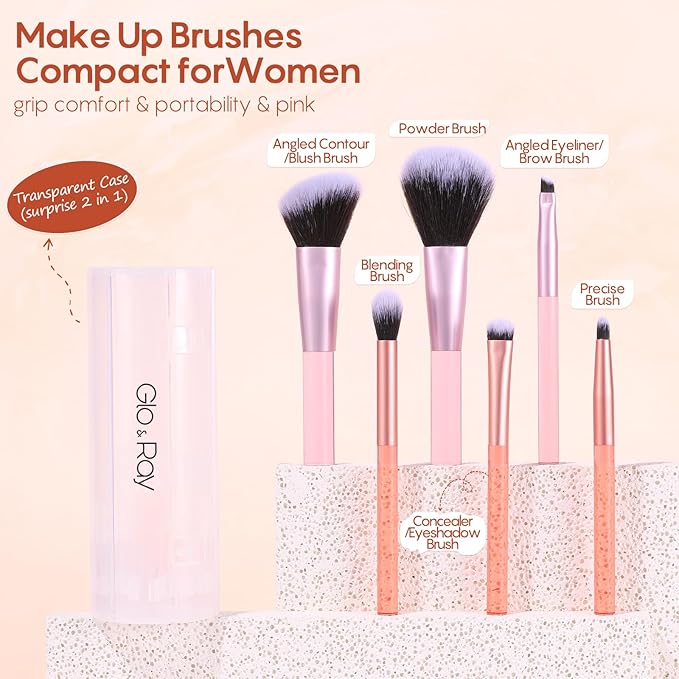 GLO&RAY Makeup Brushes 6Pcs - Travel Make Up Brush Set Professional for Eyeshadow, Foundation, Powder, Concealer, Blush, Eyeliner & Brow Blending Portable Face Cosmetic Brushes Kit with Case Mini