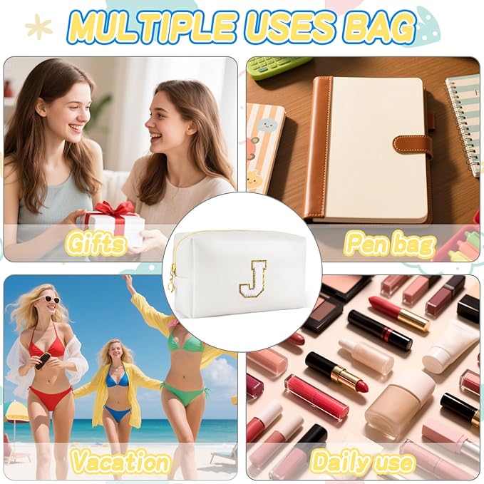 URSKYTOUS Gifts for Girls Initial Makeup Bag Personalized Cosmetic Bag with Zipper Cute Travel Toiletry Bags Waterproof PU Preppy Makeup Pouch Birthday Gift for Teen Girls Women(White J)