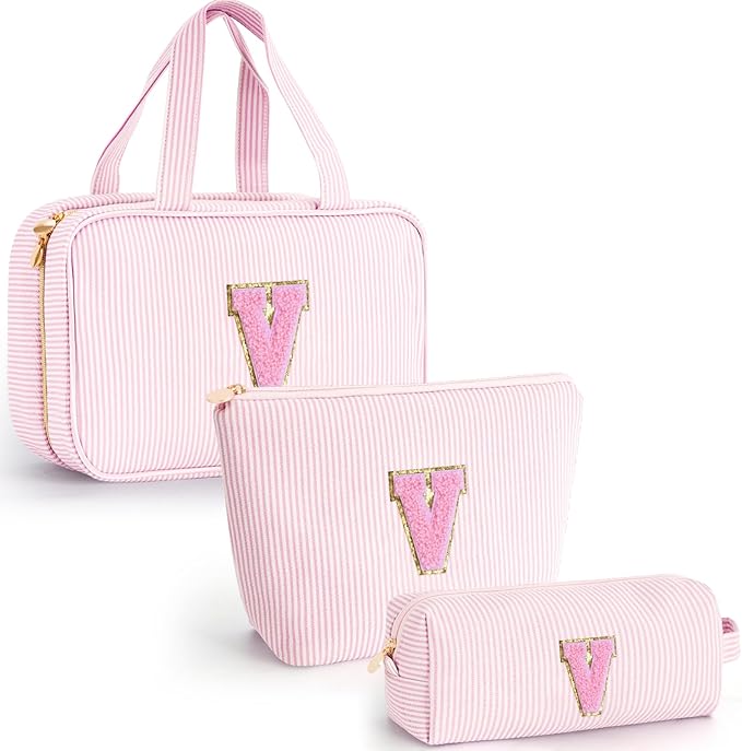 Fystdtote Cute Gifts Travel Toiletry Makeup Bag - Travel Cosmetic Bag for Women Yoga, Picnic, Personalized Friend Birthday Gifts with Monogram - Pink V