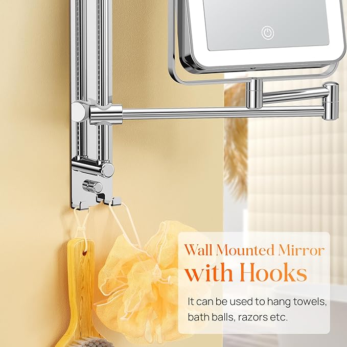 Gospire Height Adjustable Wall Mounted Lighted Makeup Mirror with Hooks, 3000mAh Rechargeable with 1X/10X Magnification, 3 Light Colors and Stepless Dimming for Bathroom