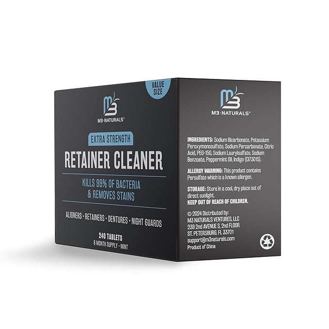 Retainer and Denture Cleansers 240 Tablets Removes Bad Odors Discoloration Stains Plaque for Cleaning Invisalign Mouth Guard Night Guard and Removable Dental Appliances by M3 Naturals (Pack of 2)