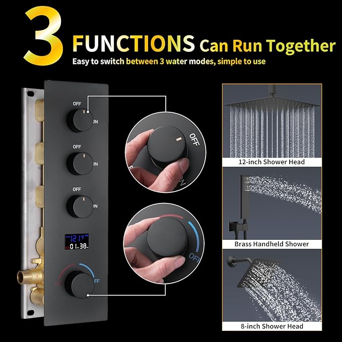 AYIVG Matte Black Bathroom Temperature Display Shower Faucet Set Thermostatic Rainfall Shower System 12 Inch And 8 Inch Dual Square Shower Head System Ceiling Mount With Handled Spray