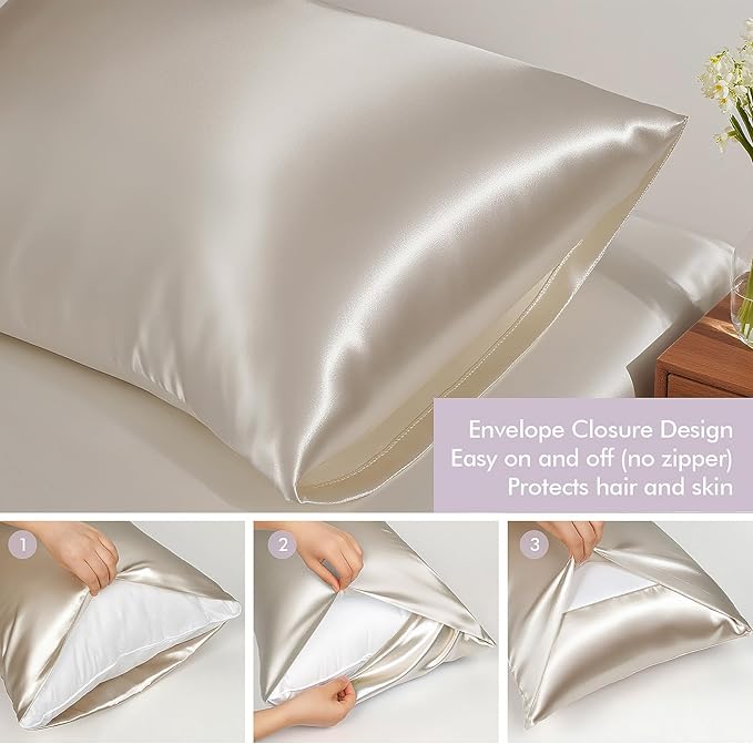 KISMETICS - Vegan Silk Sleep Set, Vegan Silk Pillowcase with Large Scrunchie and Eye Mask for Hair and Skin, Self Care Essential Satin Night Routine Kit (Champagne Color)
