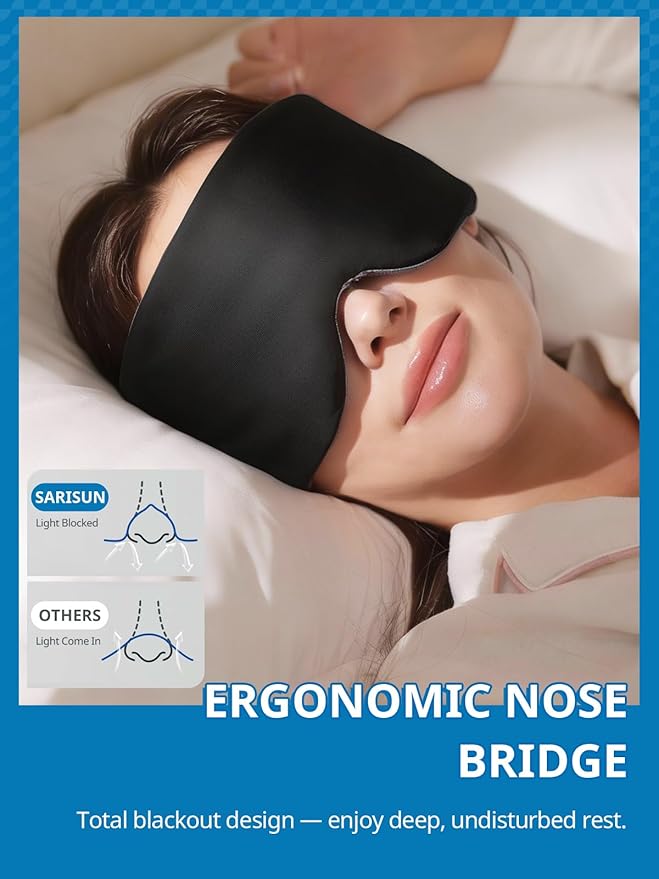 SARISUN Sleep Mask, Eye Masks for Sleep, Dual-Side Blackout Eye Covers for Side Sleeper, No Velcro Wide Strap, Adjustable Band, Pressure-Free, Wrapped Around, for Women/Men/Nap/Travel/Yoga - Black