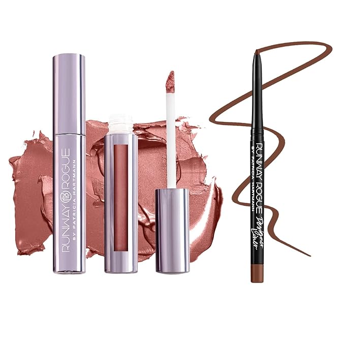 Runway Rogue ‘Film Noir’ Golden-Bronze Silk Glam Long Wear Liquid Lipstick Bundle with ‘Trendsetter’ Matte Soft-Mocha Designer Liner Lip Liner