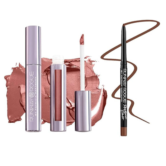 Runway Rogue ‘Film Noir’ Golden-Bronze Silk Glam Long Wear Liquid Lipstick Bundle with ‘Trendsetter’ Matte Soft-Mocha Designer Liner Lip Liner