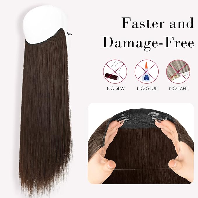REECHO Invisible Wire Hair Extensions with Transparent Headband Adjustable Size Removable Secure Clips in Straight Secret Hairpiece for Women (16 Inch (Pack of 1), Dark Chocolate Brown)