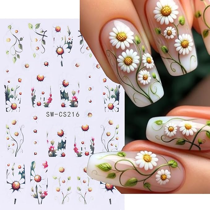 6 Sheets Flowers Nail Art Stickers Decals 3D Self Adhesive Nail Design Stickers Pink Blue White Spring Peach Blossom Flower Daisy Nail Decals for Women Girls DIY Manicure Tip Flowers Nail Decoration