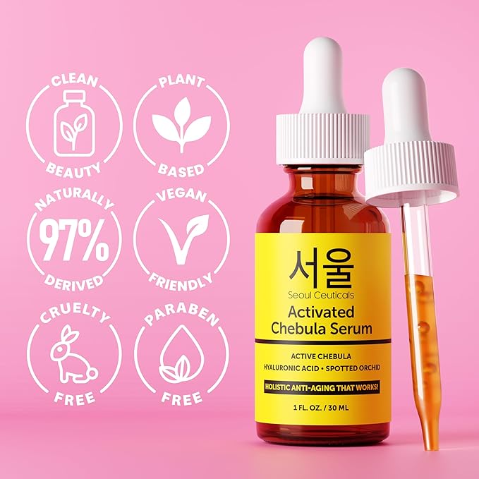 SeoulCeuticals Chebula Active Serum for Face - Korean Skin Care Anti Aging Natural K Beauty Skincare With Hyaluronic Acid + Spotted Orchid for Healthy, Youthful Glowing Skin 1oz