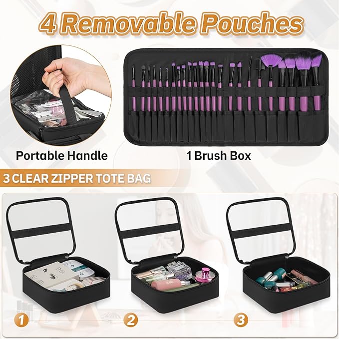 FREEAMG Extra Large Makeup Case with 4 Removable Pouches, Professional Make up Train Case, Travel Cosmetic Bag for Hairstylists Nail Tech Makeup Artist with Shoulder Strap and Handle (Black)（Bag only）