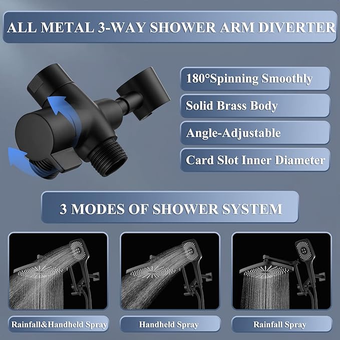 Jcrob High Pressure Rain Shower Head with Handheld Spray Combo, 12 Inch Rainfall Shower Heads with Adjustable Extention Arm, Wide Dual Waterfall Showerhead with 3-Way Diverter(Matte Black)