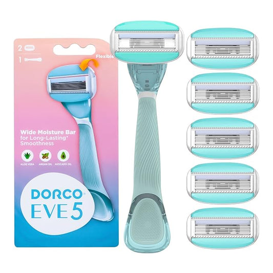 Dorco EVE 5 Razors - Smooth Shaving Razors for Women with 1 Handle & 6 Cartridge Refills, 5 Curved Blades with Flexible Moisture Bar