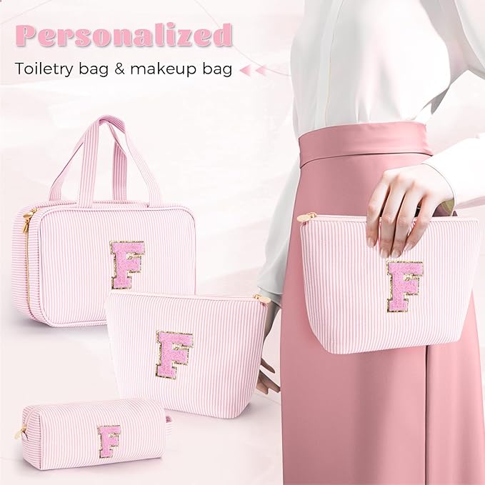 Fystdtote Toiletry Bag for Women,Personalized Initial Cute Makeup Pouch for Girlfriend Bridesmaid Wife | Travel Cosmetic Bag for Friend Female Sister | Birthday Gift Idea for Her Mom - Pink F