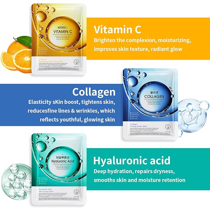 12 Pack Sheet Face Masks Skincare, Collagen Face Mask Hyaluronic Acid Hydrating Face Sheet Masks, Vitamin C Face Masks for All Skin Types, Moisturizing, Brightening, Anti-Aging, Valentine's Day Gift