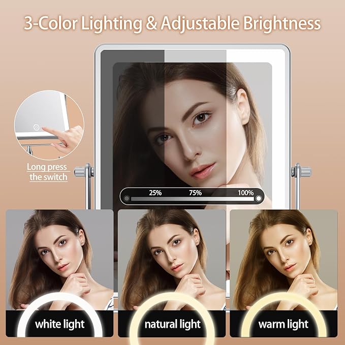 FASCINATE 5000mAh Rechargeable Wall Mounted Makeup Mirror, 8.7" Double Sided Touch Switch 1X 20X Rectangle Wall Mounted Magnifying Mirror with Light, 3 Color Setting, Extended Arm 360° Foldable Chrome