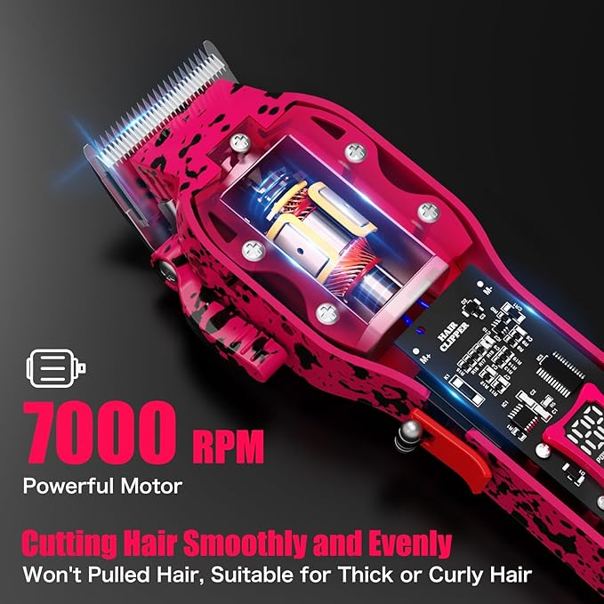Professional Hair Clippers for Men, Cordless Barber kit for Hair Cutting & Grooming, Hair Clippers Set for Barber Haircut with LED Display 8 Fade Taper Combs(Pink)