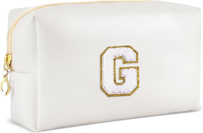URSKYTOUS Gifts for Girls Initial Makeup Bag Personalized Cosmetic Bag with Zipper Cute Travel Toiletry Bags Waterproof PU Preppy Makeup Pouch Birthday Gift for Teen Girls Women(White G)