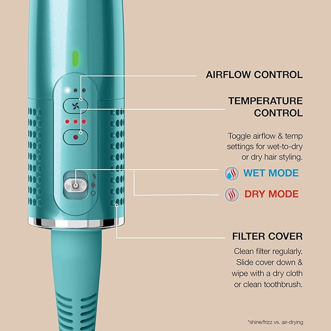 Shark Glossi 2-in-1 Hot Tool and Air Glosser, Ultra-Fast, Ultra-Glossy Blowouts at-Home, Heat-Controlled Ceramic, Curly, Coily, and Color Friendly, Jewel Teal, HT302TL