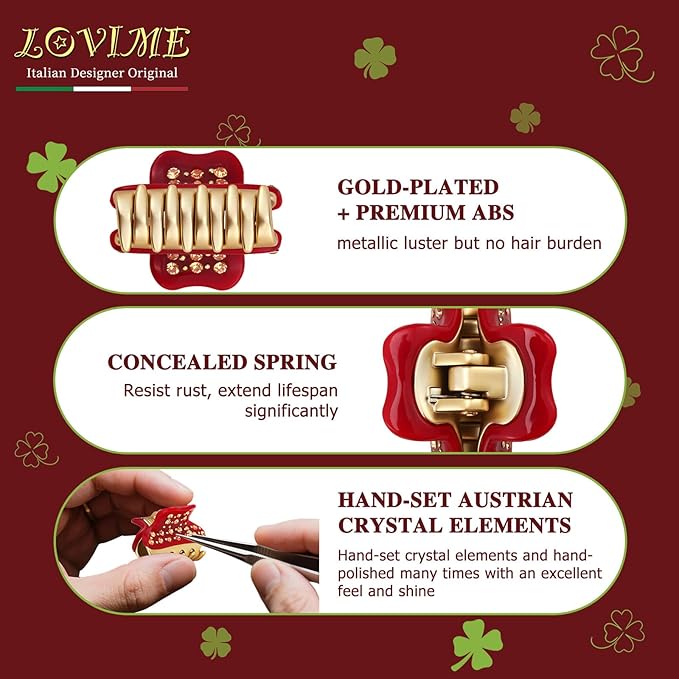1.2" Mini Clover Claw Clips for Girls Kids - 18K Gold Plated Small Red Hair Clips for Side Bangs & Braids, Rhinestone Hair Accessories for Fine Hair, Cute Birthday Gift for Daughter
