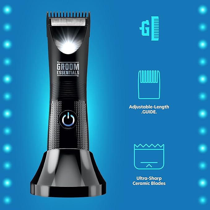 CHARGEWORX Groom Essentials Electric Hair Trimmer, Body-Hair Shaver with Ceramic Blades, Adjustable Trimming Guide, IPX5 Water-Resistant, Includes Trimmer Stand and Brush, Batteries Not Included