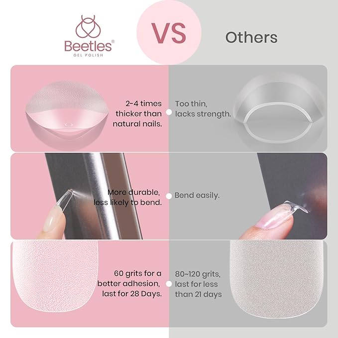 Beetles Coffin Long Gel Nail Tips –Pre-Etched Half Matte Full Cover, 288 Pieces, Pre-Shaped in 12 Sizes for Press-On Extensions