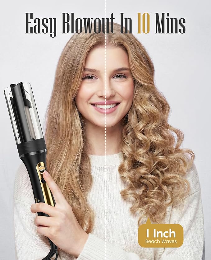 Zavarea Automatic Rotating Curling Iron for Long Hair - 1 Inch Curling Wand for Beach Waves & Loose Curls, Easy Hair Curler for Beginners, Anti-Scald & Frizz-Free, Dual Voltage for Travel