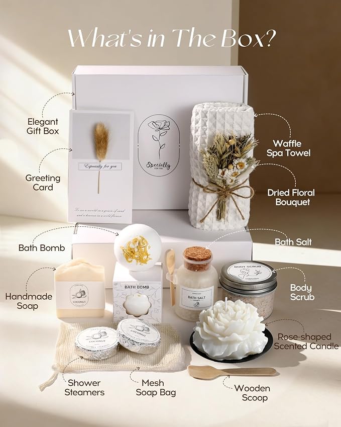 Coralogo Coconut Spa Gifts for Women - 12pc Self-care Spa Gift Basket with Bath Salt, Greeting Card - Thinking of You Basket for Her Birthday, Christmas, Mother's Day, Valentine's Day