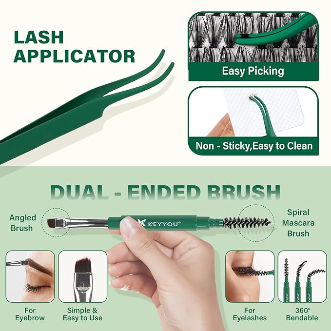 KEYYOU Lash Extension Kit DIY 300Pcs Lash Clusters Kit 40D 0.07 D Curl 9-18MIX Eyelash Extension Kit Individual Lashes Kit with Lash Bond and Seal, Lash Tweezers and Remover for Self Use