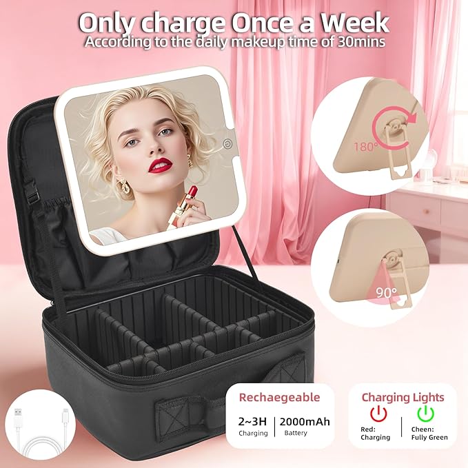Travel Makeup Bag With LED Mirror,Cosmetic Train Case with 3 Color Setting,Cosmetic Makeup Organizer Bag with Adjustable Dividers,Portable Make up Box with Make up Brushes Holder Storage（Black）